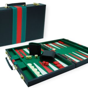 Backgammonkoffer 38 cm.zwart groen rood